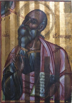 The icon of saint John the Evangelist, from Agios Antonios church in Limassol, 18th century, during cleaning by Valentina Emmanuele, 1995.